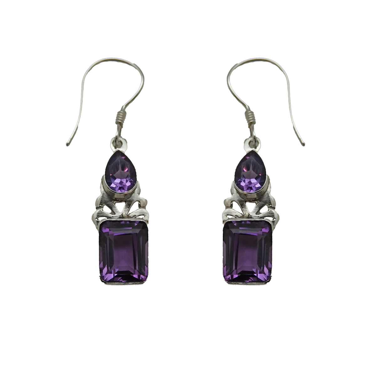 (SP354BAM) Double Amethyst Dangle Earrings