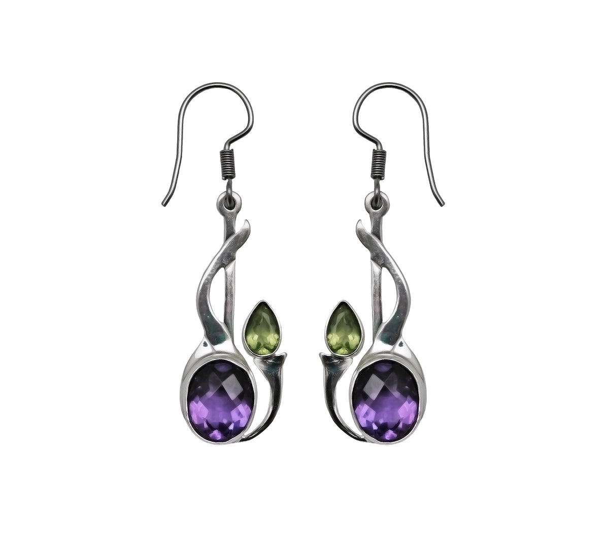 (SP357CPEAM) Peridot & Amethyst Abstract Flower Bud Earrings