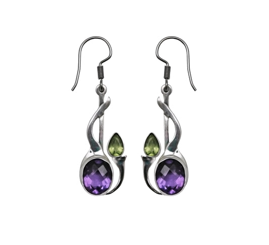 (SP357CPEAM) Peridot & Amethyst Abstract Flower Bud Earrings