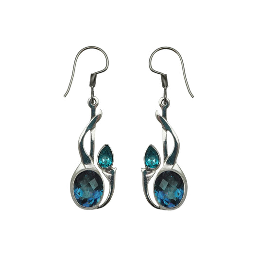 (SP357CBTBQ) Blue Topaz & Quartz Abstract Flower Bud Earrings