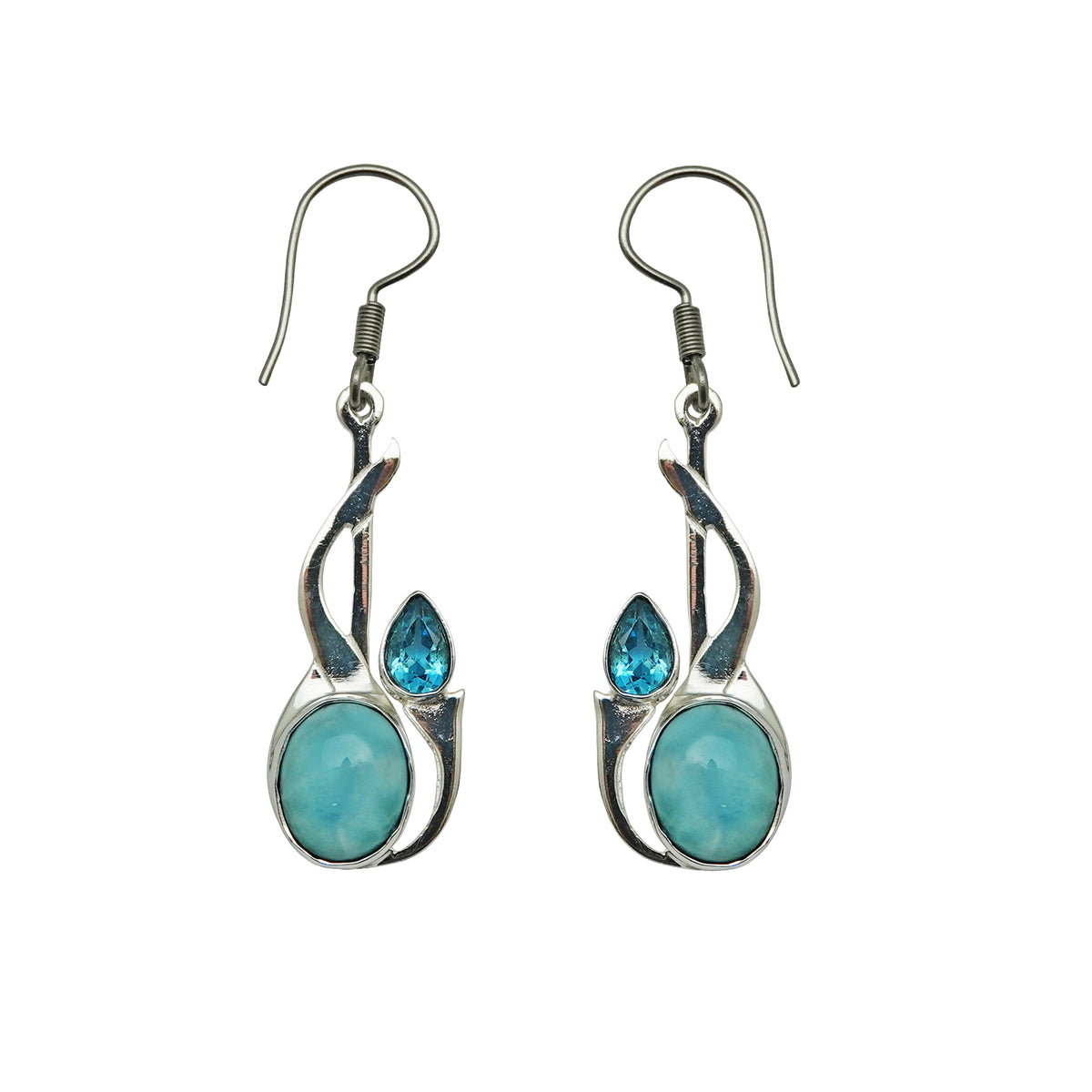 (SP357CBTLAR) Blue Topaz & Larimar Abstract Flower Bud Earrings