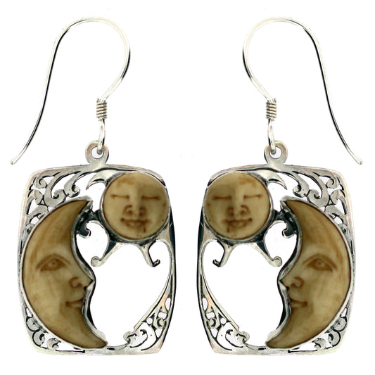 (206ZSSBFT) Bone Carved Face Silver Earring