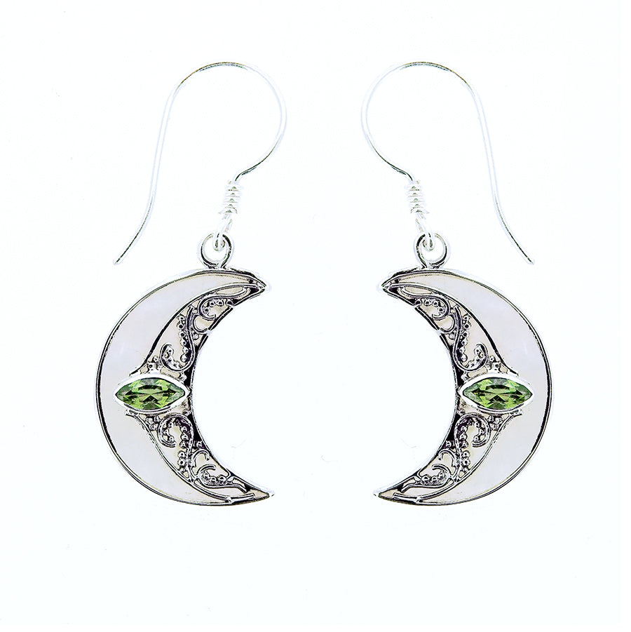 (256YPEMOP) Peridot & Mother Of Pearl Crescent Silver Earrings