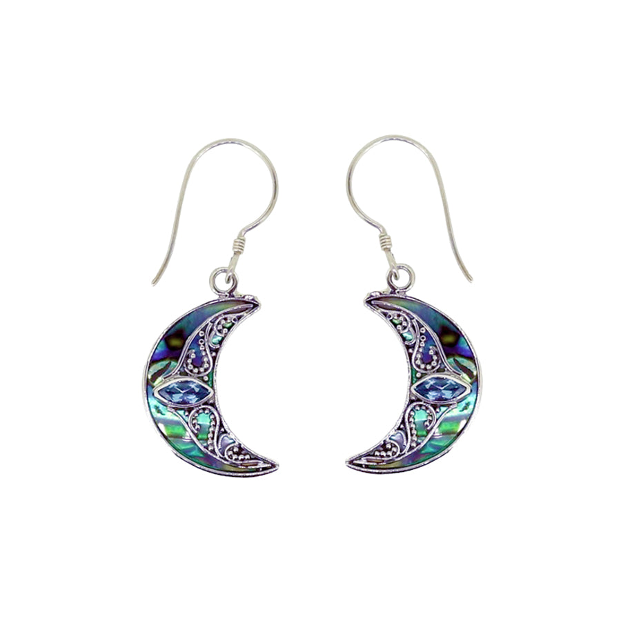 (256YBTPAUA) Swiss Blue Topaz & Paua Crescent Moon Earrings