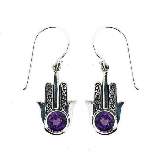 (270XAM) Amethyst Hamsa Hand Earrings