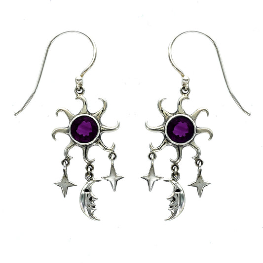 (293VAM) Amethyst Sun, Moon, and Stars Drop Earring