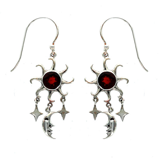 (293VGA) Garnet Sun, Moon, and Stars Drop Earring