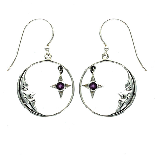 (294VAM) Amethyst Star and Silver Moon Drop Earrings