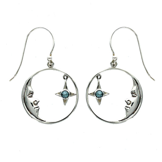 (294VBT) Blue Topaz Star and Silver Moon Drop Earrings