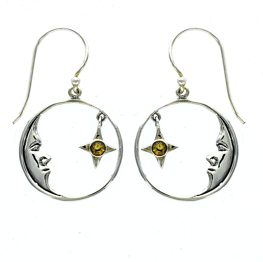 (294VCI) Citrine Star and Silver Moon Drop Earrings