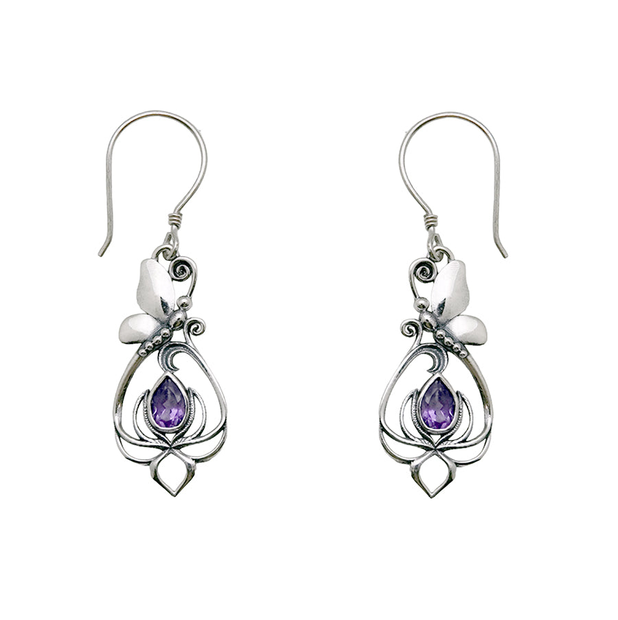 (308BAM) Amethyst Butterfly/Lotus Silver Earrings