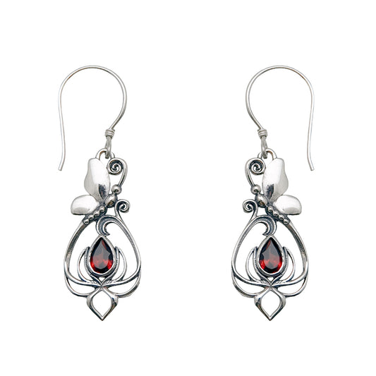 (308BGA) Garnet Butterfly/Lotus Silver Earrings