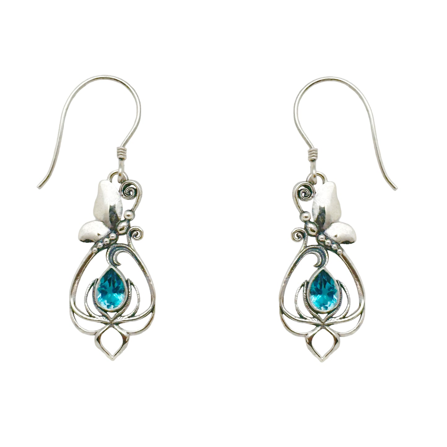 (308BBT) Blue Topaz Butterfly/Lotus Silver Earrings