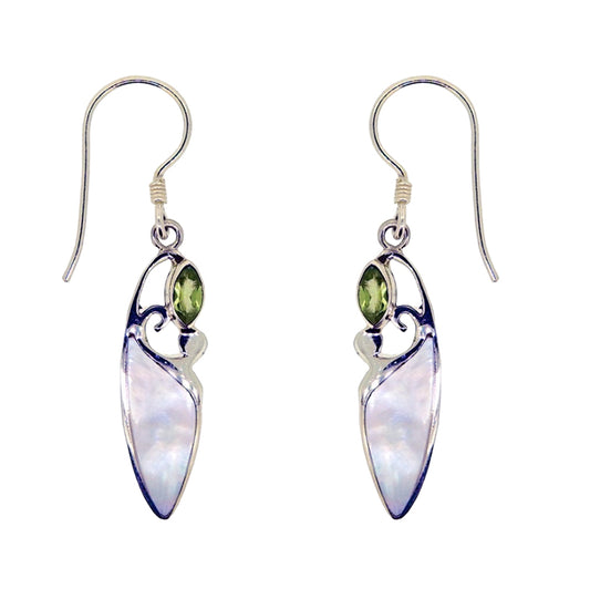 (331APEMOP) Peridot & Mother Of Pearl Silver Drop Earrings