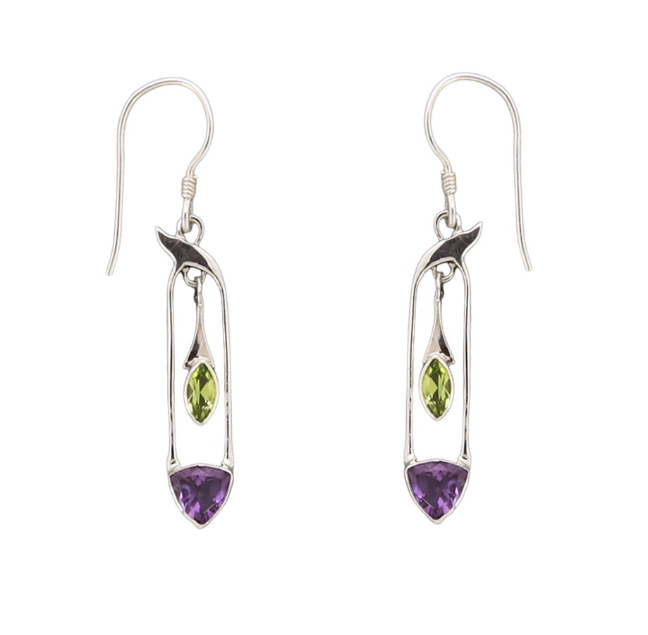 (335APEAM) Peridot & Amethyst Silver Earrings