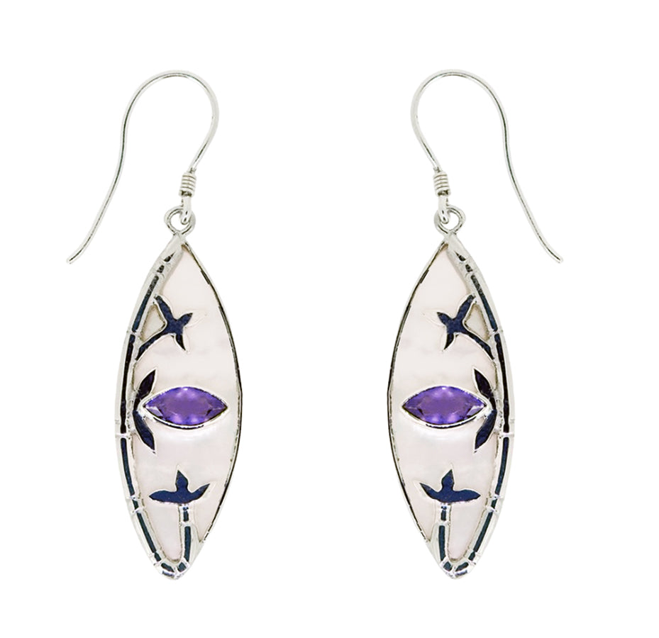 (351AAMMOP) Amethyst & Mother Of Pearl Bamboo Silver Drop Earrings