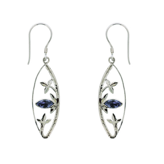 (351ABQ) Blue Quartz Bamboo Silver Drop Earrings