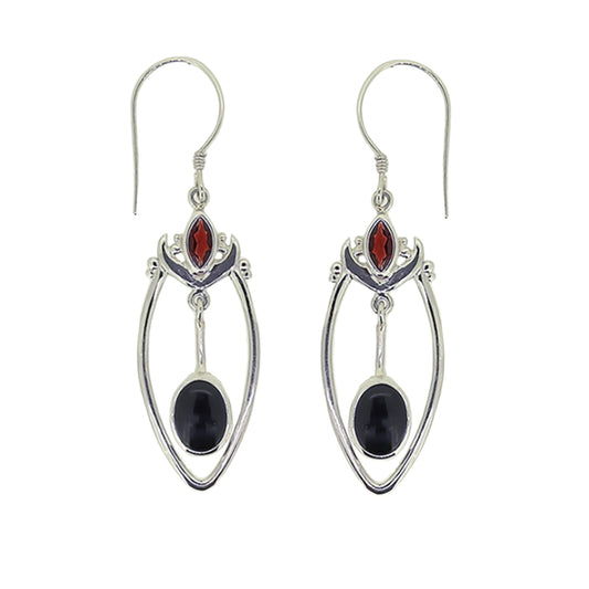 (368AGAON) Garnet & Black Onyx Silver Earrings