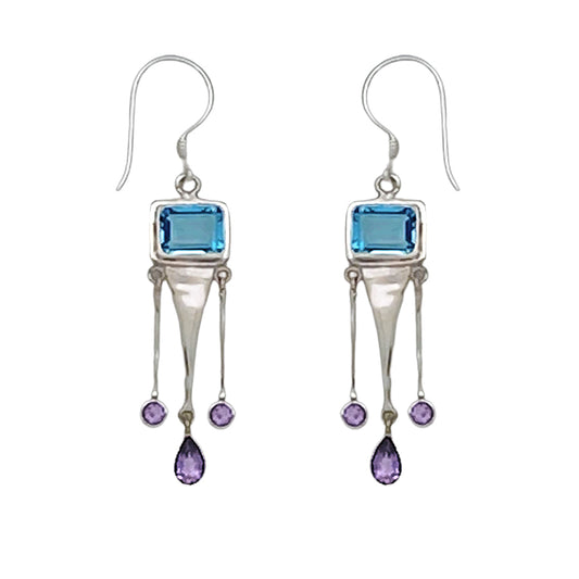 (385ABTAM) Blue Topaz & Amethyst Silver Earrings