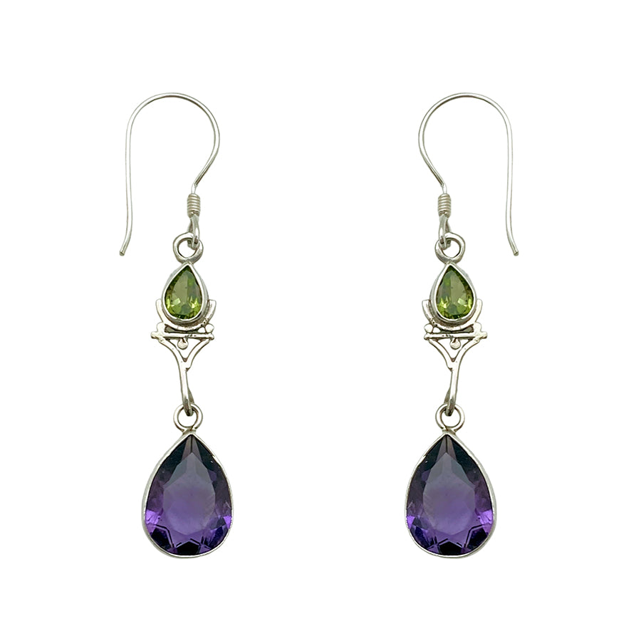 (388APEAM) Peridot & Amethyst Silver Dangle Earrings