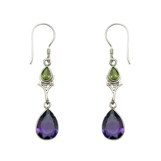 (388APEAM) Peridot & Amethyst Silver Dangle Earrings