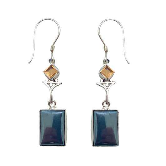 (389ACIHE) Citrine & Hematite Silver Dangle Earrings