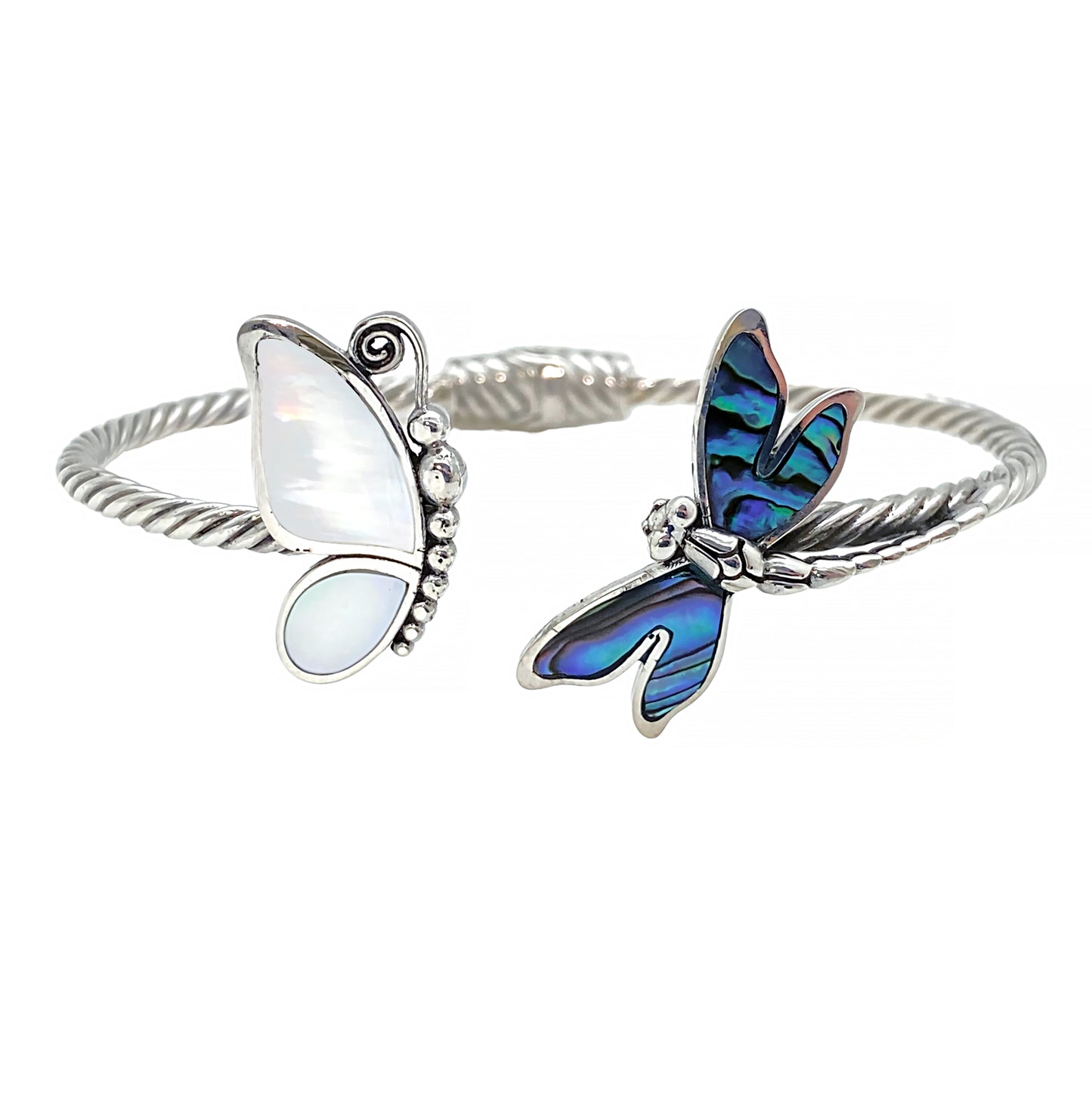 (519EMOPPAUA) Mother Of Pearl Butterfly & Paua Dragonfly Silver Bracelet