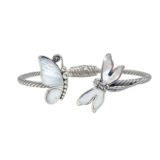 (519EMOP) Mother Of Pearl Butterfly and Dragonfly Silver Bracelet