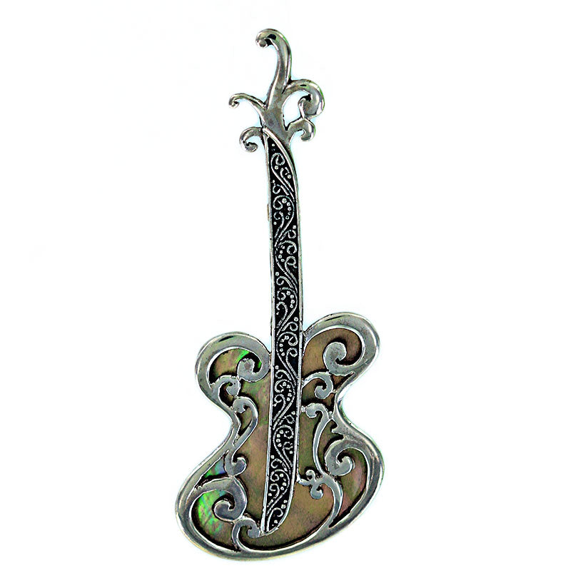 (656DTAN) Tan Shell Silver Guitar Pin/Pendant