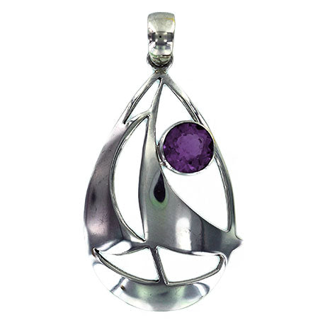 (658DAM) Amethyst Silver Sail Boat Pendant