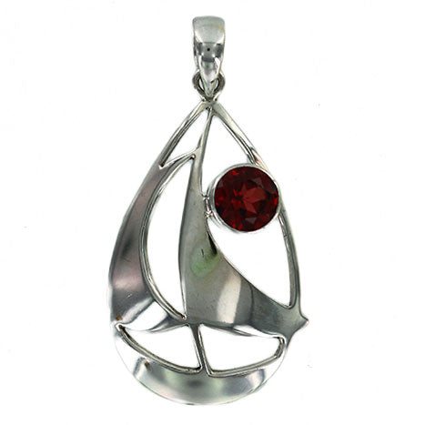 (658DGA) Garnet Silver Sail Boat Pendant
