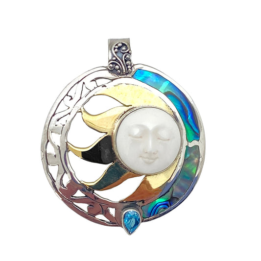 (672EBFBTPAUA) White Sun Face with Paua & Blue Topaz Silver Pendant