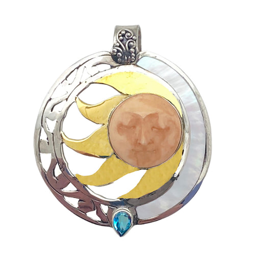 (672EBFTBTMOP) Tea Stained Bone Mother Of Pearl & Blue Topaz Pendant