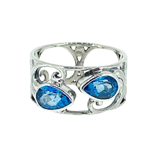 (790CBT) Double Pear Blue Topaz Sterling Silver Ring