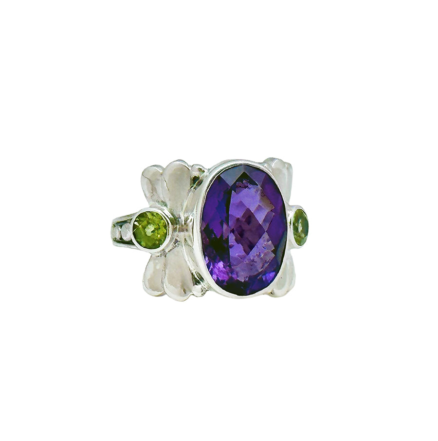 (791CAMPE) Amethyst & Peridot Dragonfly Silver Ring